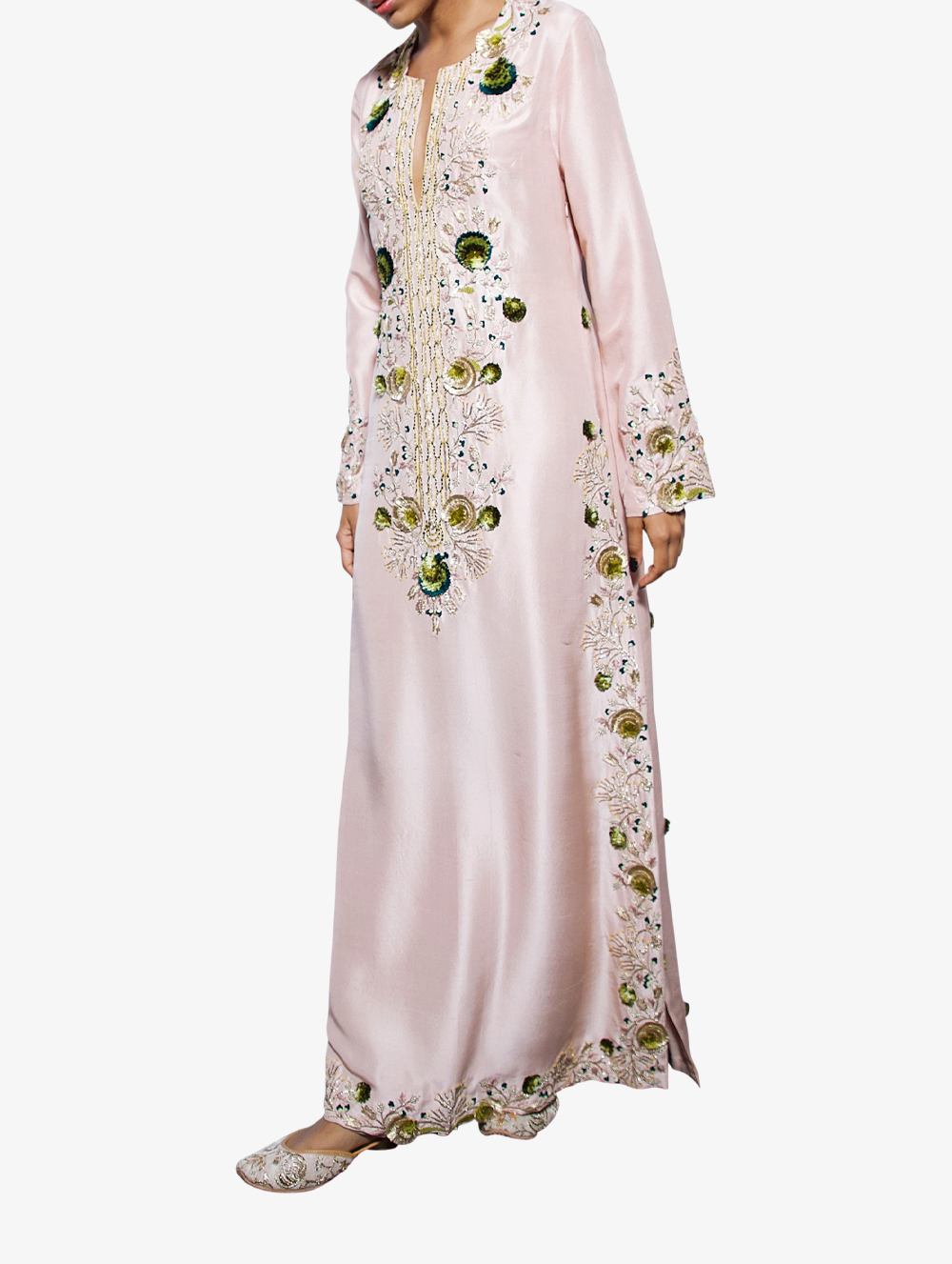 Dusky rose silk embroidered full length kaftan