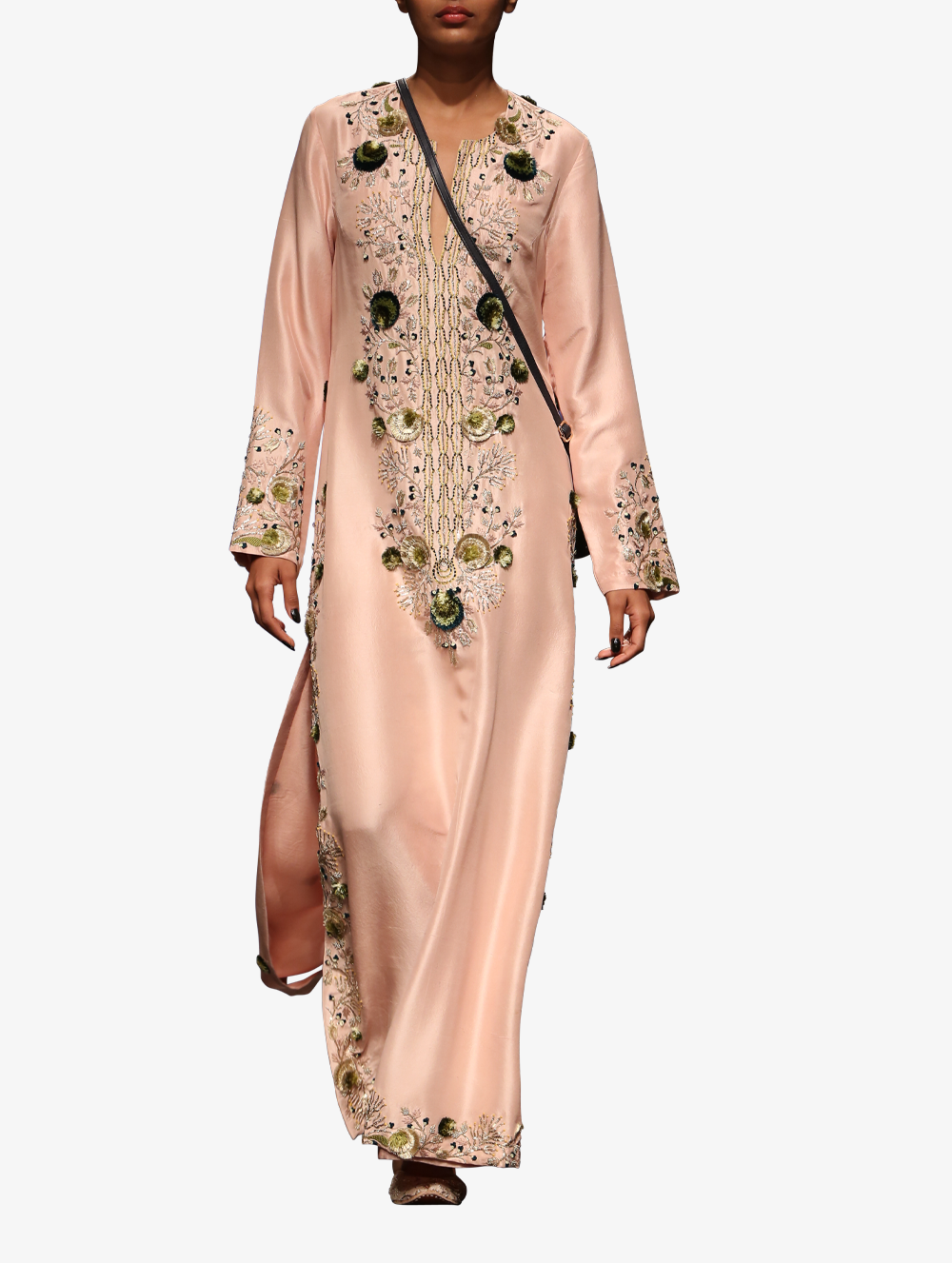 Dusky rose silk embroidered full length kaftan