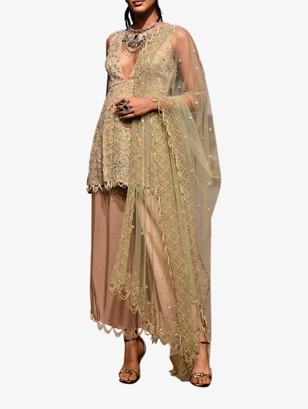 Off-white organza embroidered anarkali top with rose pink linking and silk palazzo with mint net dupatta