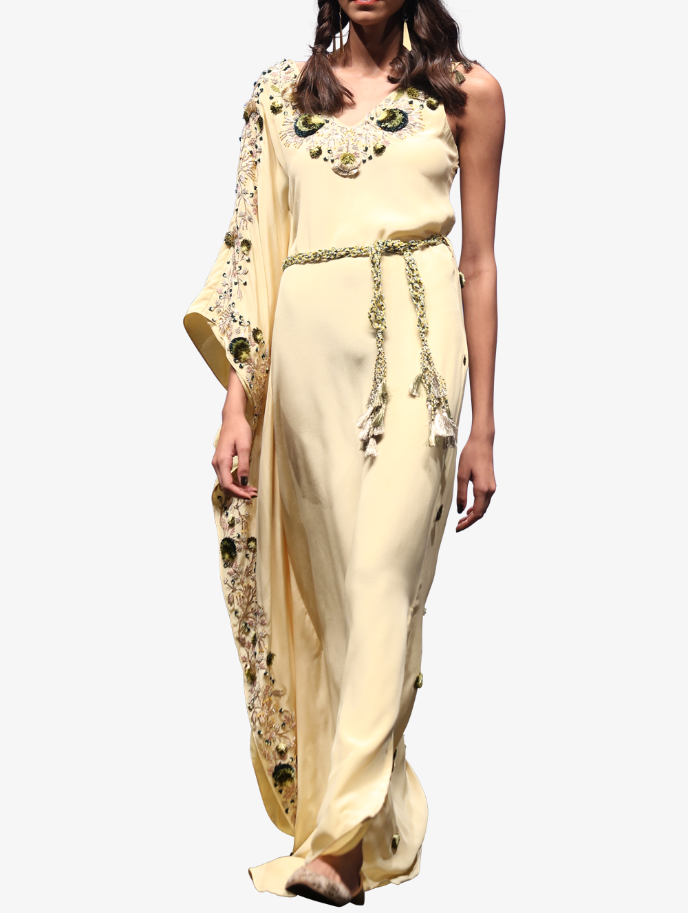Pale yellow crepe one-shoulder kaftan