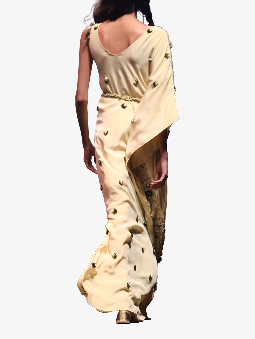 Pale yellow crepe one-shoulder kaftan