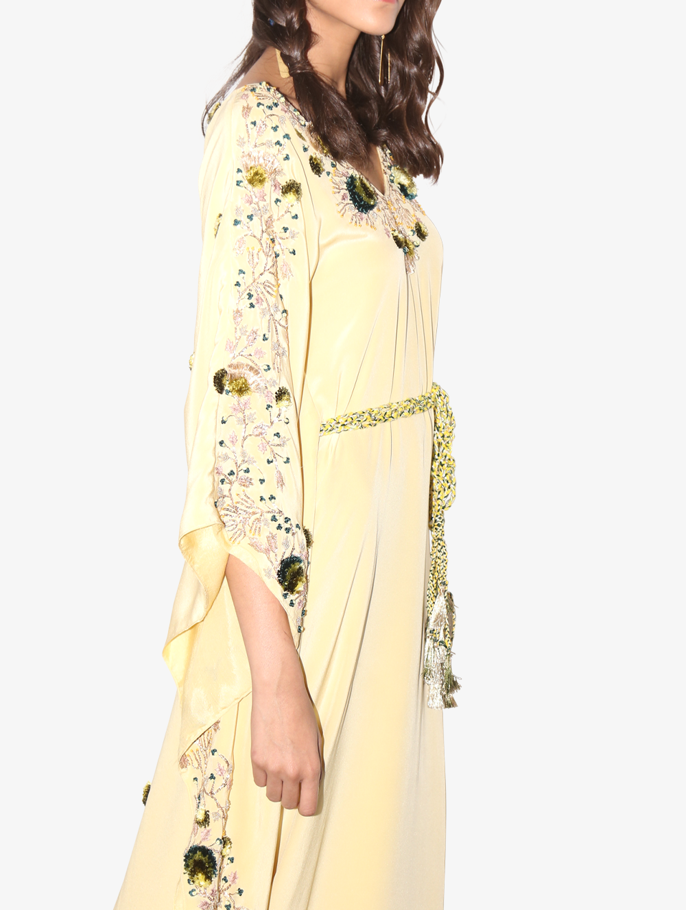 Pale yellow crepe one-shoulder kaftan