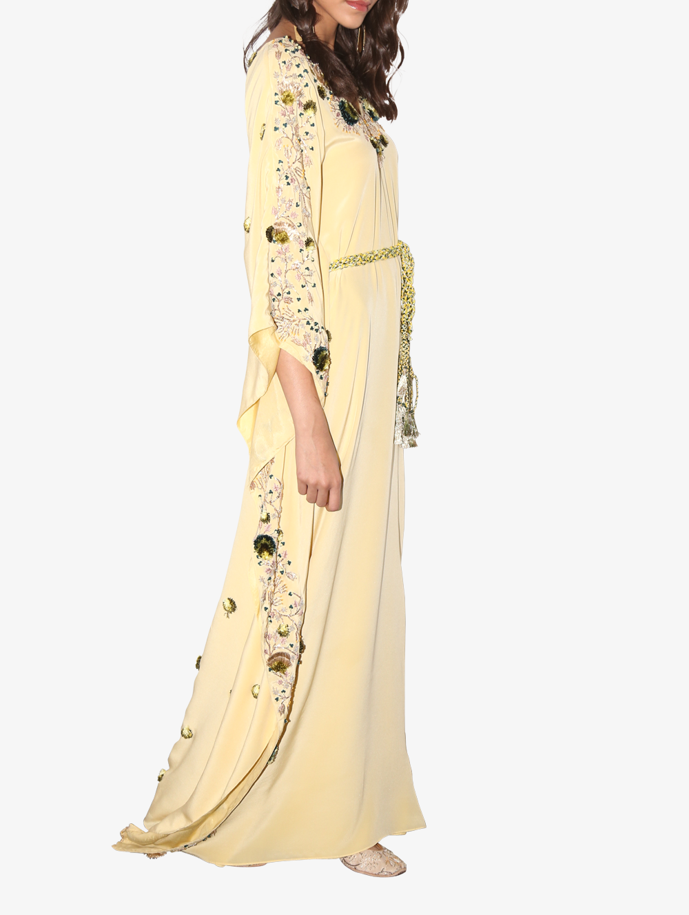 Pale yellow crepe one-shoulder kaftan