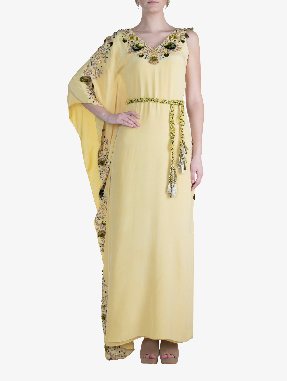 Pale yellow crepe one-shoulder kaftan