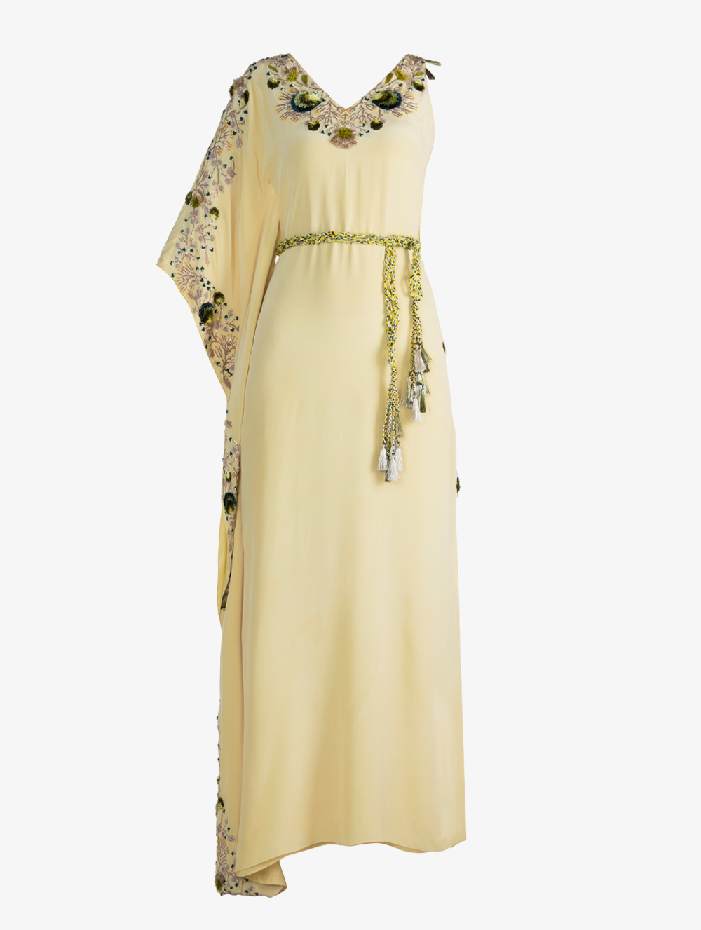 Pale yellow crepe one-shoulder kaftan