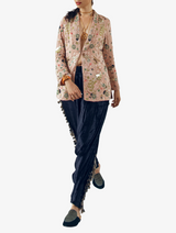 Rose print crepe embroidered jacket with navy blue low crotch trousers