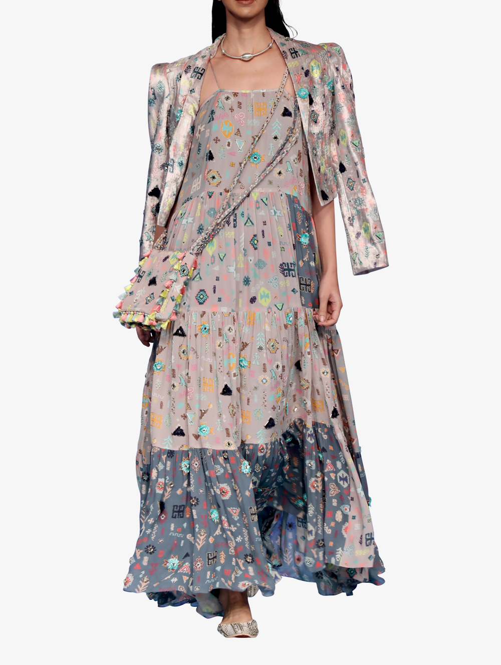 Bandhini kilim print georgette trapeze dress with velvet jacket