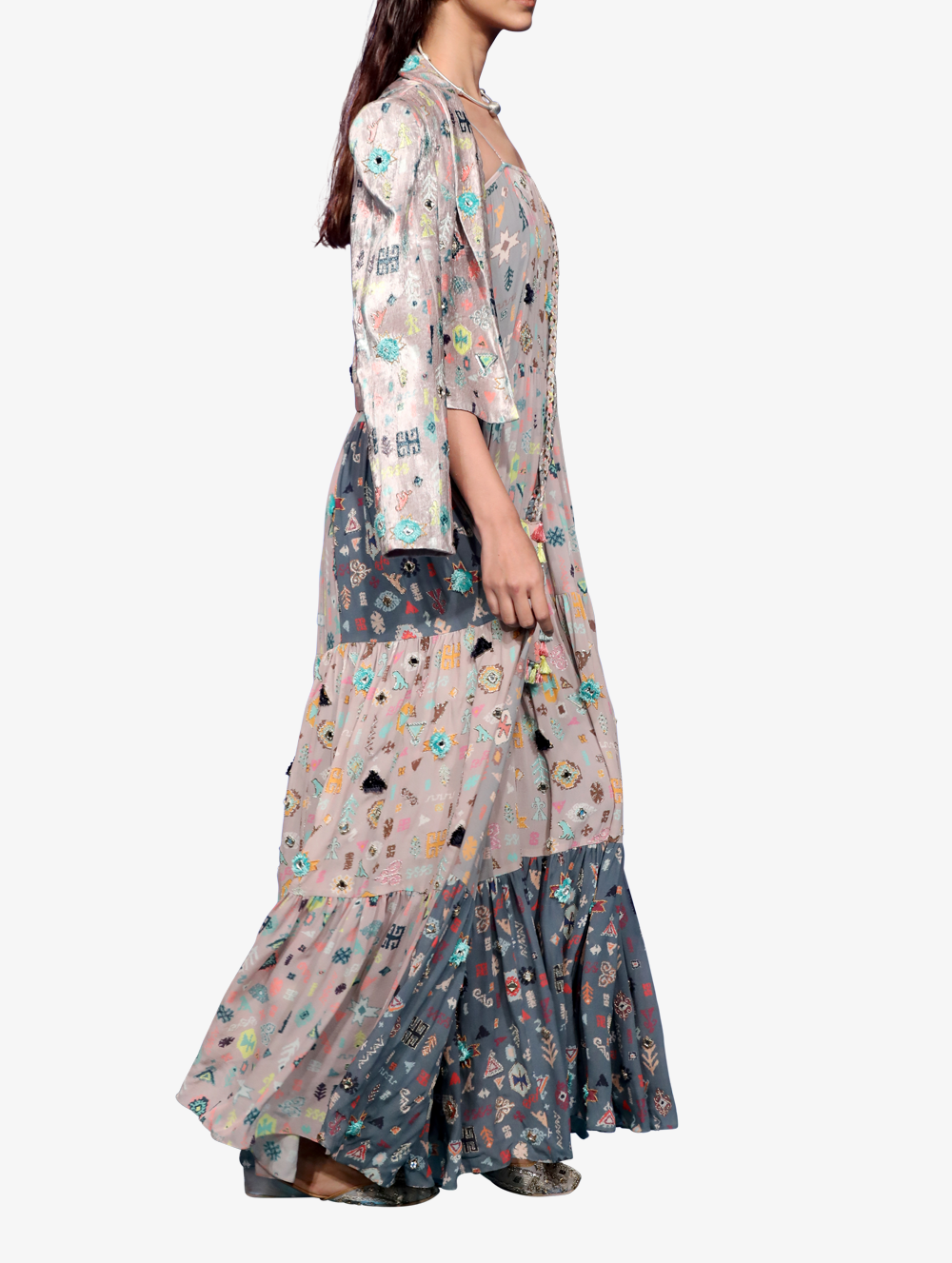 Bandhini kilim print georgette trapeze dress with velvet jacket