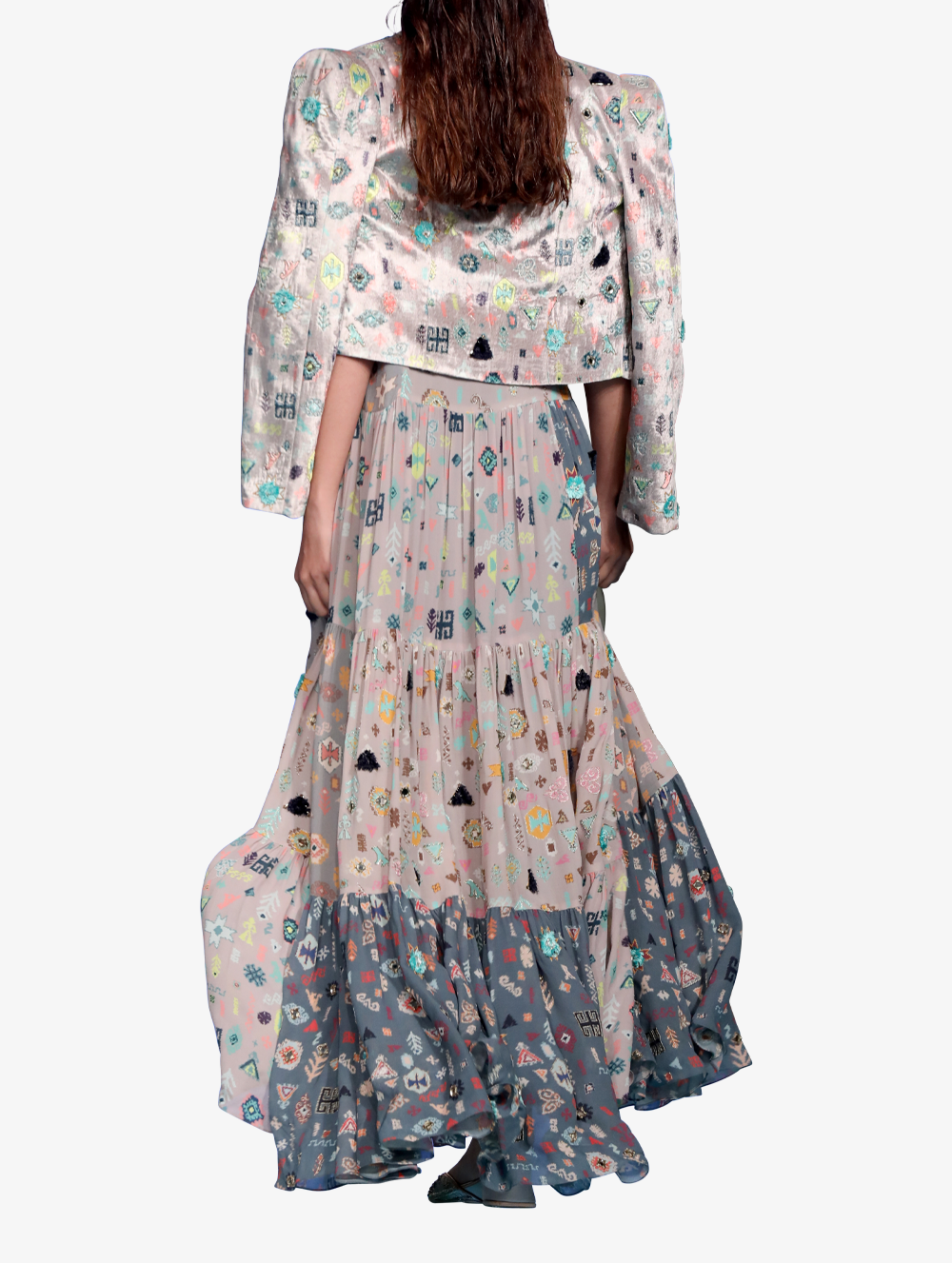 Bandhini kilim print georgette trapeze dress with velvet jacket