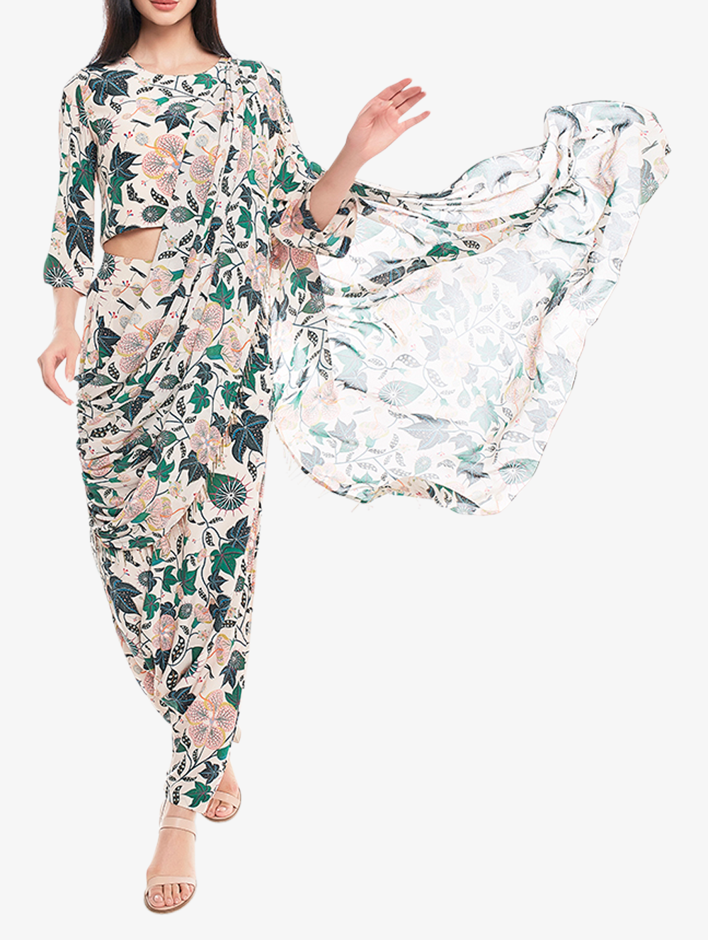 White abutilon crop top and georgette drape dupatta