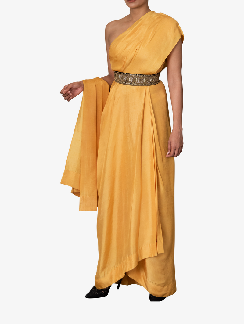 Yellow dupion silk one-shoulder dress and belt