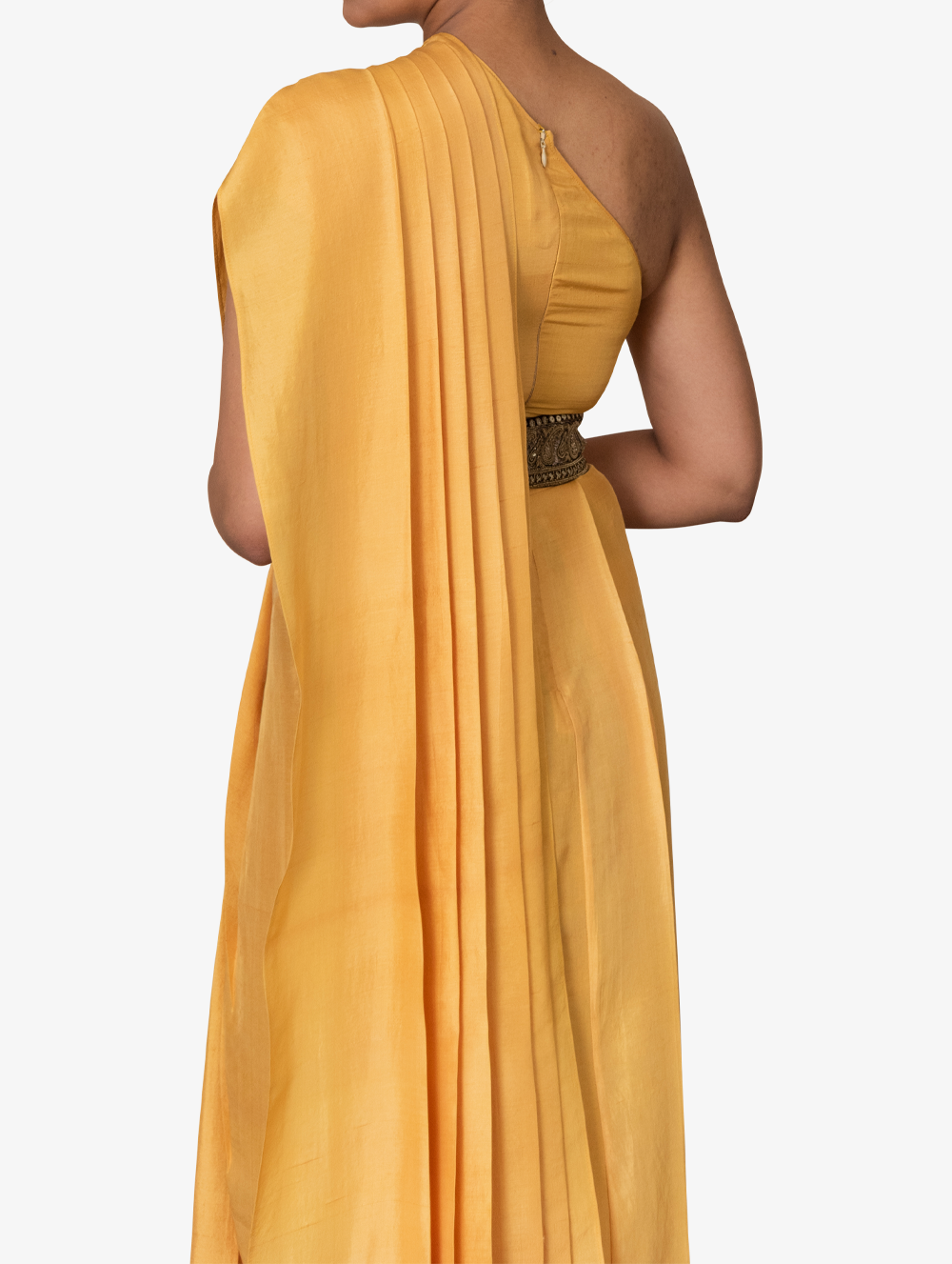 Yellow dupion silk one-shoulder dress and belt