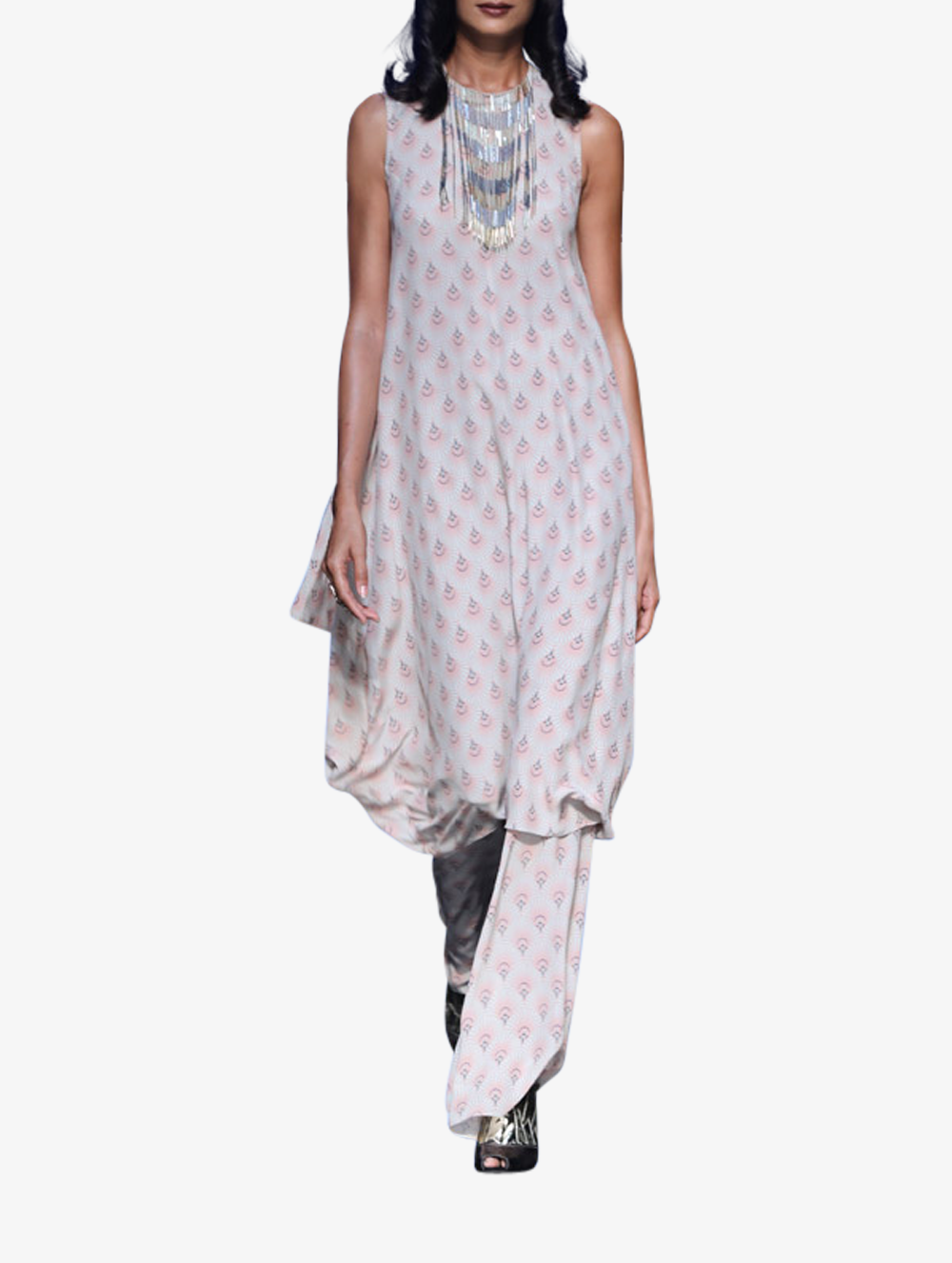 Blush fan print crepe cowl kurta with fringe tassel neckline and palazzo