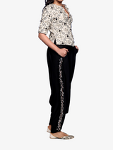 Chalk white georgette embroidered jacket with black lycra low crotch trousers