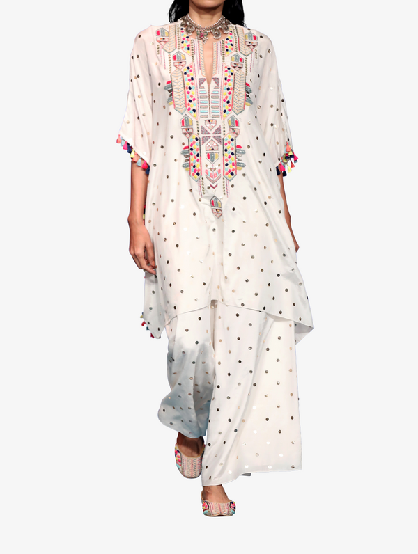 Off-white dot mukaish silk embroidered yoke kaftan with tassels and palazzo trousers