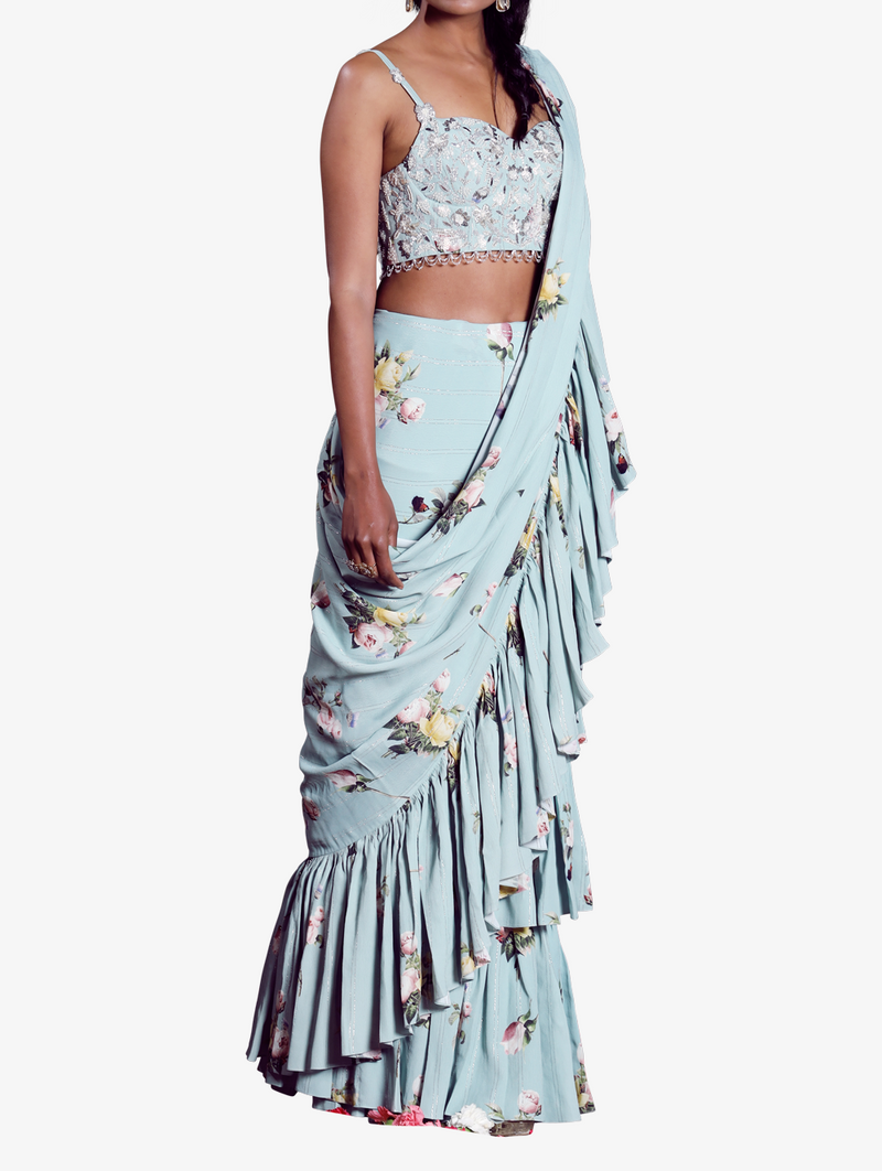 Aquamarine ruffle sari
