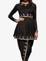Black silk embroidered scallop helm kurta with embroidered petal trousers