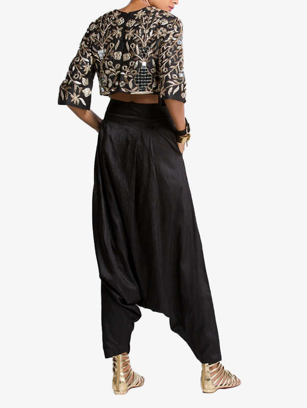 Black dupion silk mirror and leather embroidered crop top and low crotch trousers