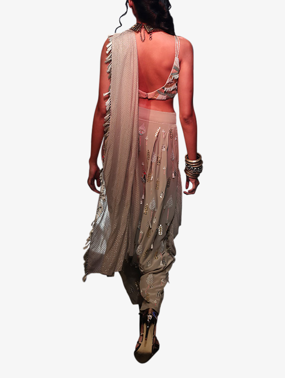 Grey choli with low crotch trousers and Drape
