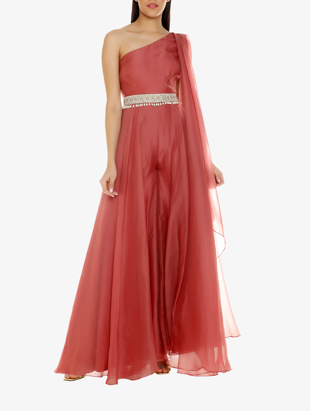 Pink one-shoulder organza jumpsuit