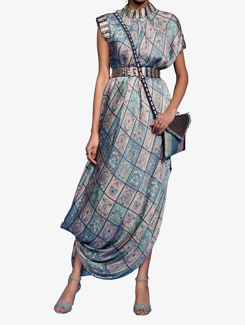 Multi-Colored Embroidered Draped Dress With Belt