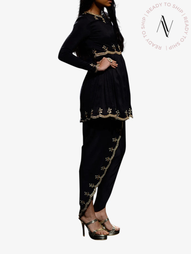 Black silk embroidered scallop helm kurta with embroidered petal trousers