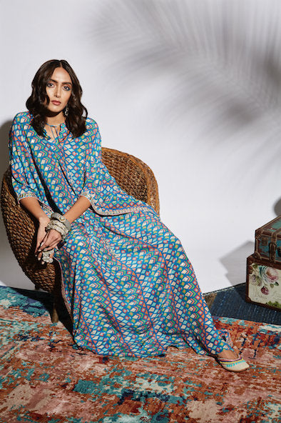 Blue Geo Print Kaftan With Metal Highlight And Triangle Border
